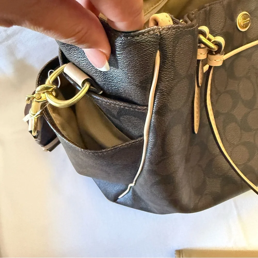 Coach Brown Signature Baby Bag with Tan Trim and Red Tag